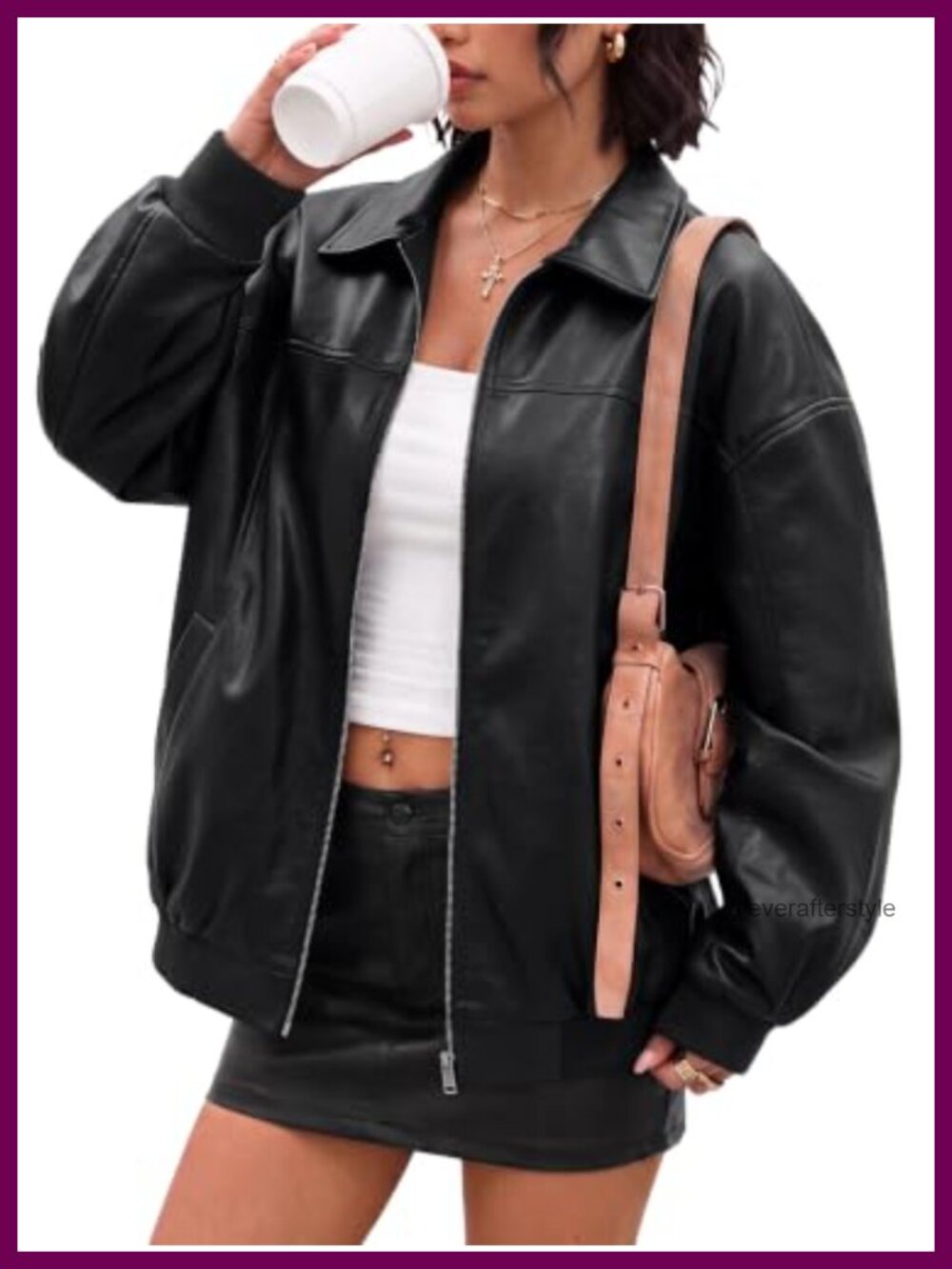 Faux Leather Oversized Zip Up Bomber Jacket Long Sleeve Womens